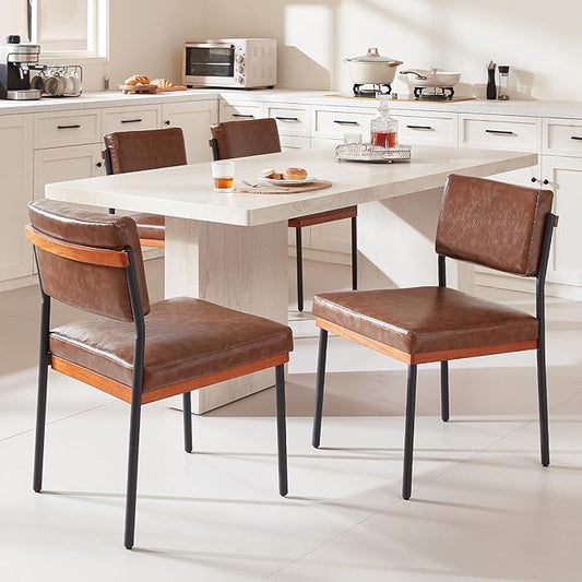 Modern Dining Chairs Set of 4, Kitchen Chairs with Thick Cushions and Adjustable Foot Pads, Upholstered Faux Leather Dining Room Chairs with Sturdy Metal Legs,Coffee