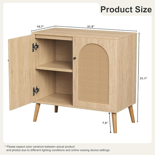Rattan Storage Cabinet, 2-Door Boho Sideboard in Oak, Adjustable Shelf, Elegant Rattan Buffet Cabinet with Storage for Stylish Home Organization 31.5" Oak Set 2