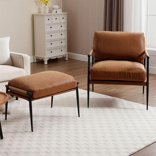 LukeAlon Mid-Century PU Leather Accent Chair with Ottoman, Soft Living Room Chair with Metal Legs Wood Arms Modern Upholstered Lounge Chair Leisure Chair with Footstool for Bedroom Reading Room, Brown