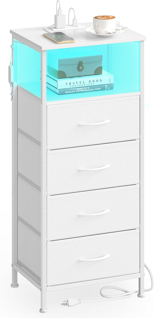 SONGMICS BELLAH Collection - Nightstand with Charging Station and App-Controlled Adjustable LED Lights, Bed Side Table, 4 Drawer and 1 Open Shelf, Bedroom, Cloud White and Snow White ULGS304WH01S