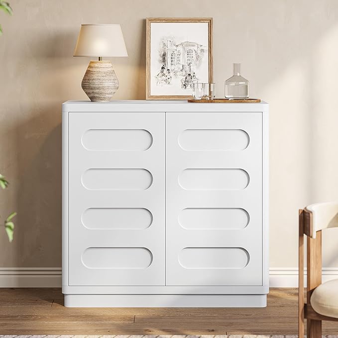 Buffet Cabinet Set of 2 with Storage, Arc Accent Sideboard with 2 Doors and Adjustable Shelves, Large Console Table for Dining Room, Kitchen, Living Room, White