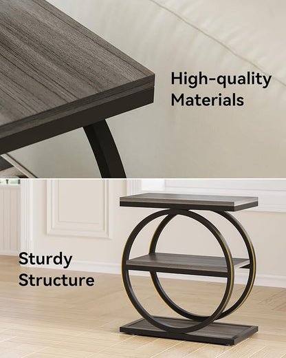 LITTLE TREE End Table, 3-Tier Side Table, Slim Sofa Side Table for Living Room, Tall Bedside Table Nightstand for Bedroom, Grey and Black