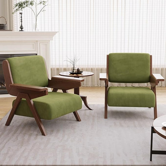Mid Century Modern Accent Chair Set of 2, Fabric Upholstered Lounge Arm Chairs with Solid Wood Frame for Living Room, Bedroom, Office, Reading Corner (Green)