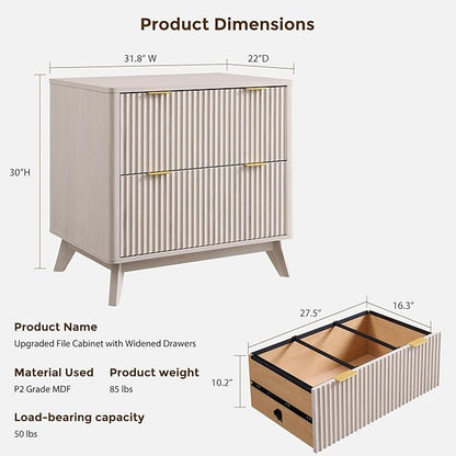 T4TREAM 2 Drawer File Cabinet, 31.8" W Fluted Lateral File Cabinet w/Files Hanging Rod for Letter/Legal/A4, Large Tabletop for Printer, Office Wood Printer Cabinets, Alder White (Gen 2)