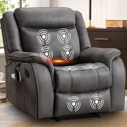 Massage Recliner Chair with Heated, Faux Leather Recliner Chairs for Adults, 39" Wide Manual Reclining Ergonomic Lounge Chair for Living Room with Overstuffed Backrest, Side Pocket, Grey
