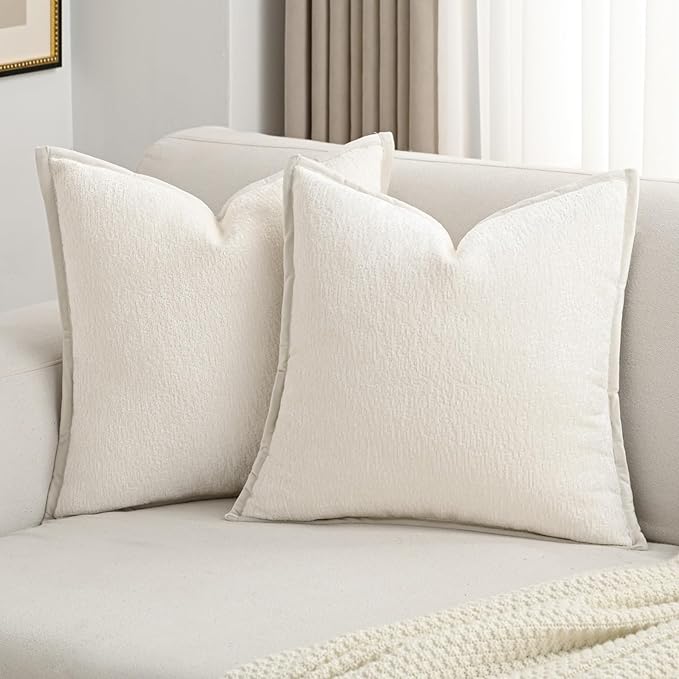 FUTEI Cream White Chenille Throw Pillow Covers 26x26 Inch Set of 2,Soft Cozy Bound Edge Design Euro Pillow Sham,Home Decor for Couch Bed Living Room