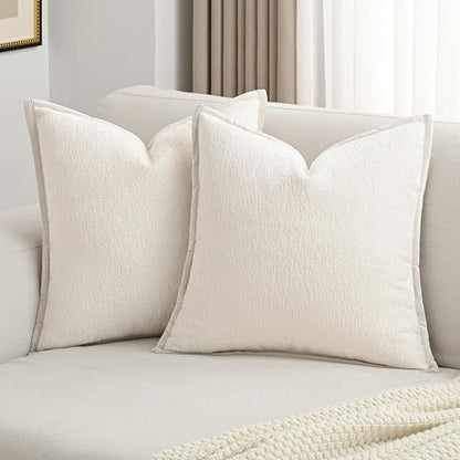 FUTEI Cream White Chenille Throw Pillow Covers 16x16 Inch Set of 2,Soft Cozy Bound Edge Design Cushion Case,Home Decor for Couch Bed Living Room