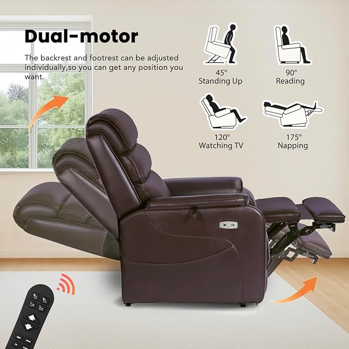 EONIX Wide Lay Flat Power Lift Recliner Chair for Elderly, Oversized Breathable Leather Electric Lift Chairs, 400lbs Heavy Duty Power Recliner with Heat and Massage, SLRY004063, Dark Brown