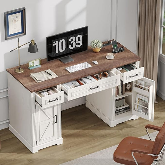 ONBRILL 55 inch Farmhouse Executive Desk with Drawers, Home Office Desk with File Cabinet, Outlets, Storage Cabinet, Keyboard Tray, Wood Computer Desk for Work Study Writing, Off White & Walnut