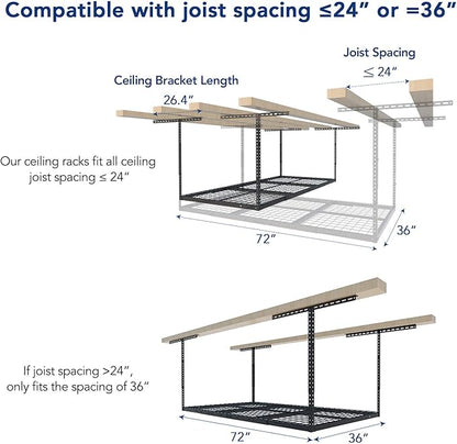 FLEXIMOUNTS 3x6 Overhead Garage Storage Adjustable Ceiling Rack 72" Length x 36" Width x 40" Height, 450lbs Weight Capacity, Black, Classic Series