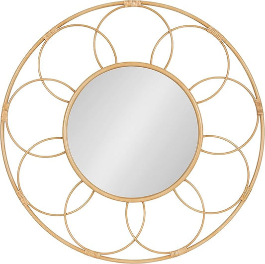 Kate and Laurel Cori Boho Round Mirror; 34 Inch Diameter; Natural; Light Decorative Metal Mirror with Rattan Accenting for Coastal Home Wall Decor
