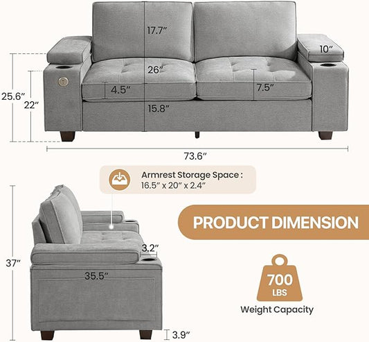74" Loveseat Couch for Living Room,Modern Chenille Upholstered Sofa with Adjustable Storage Armrest,Cup Holders,USB & Type-C Ports,Solid Wood 2-Seater Loveseat Sofa for Apartment(Gray)