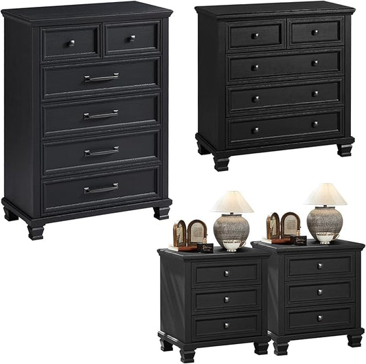 Farmhouse Bedroom Dresser and Nightstand Set of 4, 6 Drawer Tall & 5 Drawers Dresser & 3 Drawer Nightstand Set with Wooden Legs, Rustic Wood Bedroom Furniture for Livingroom, Hallway, Black