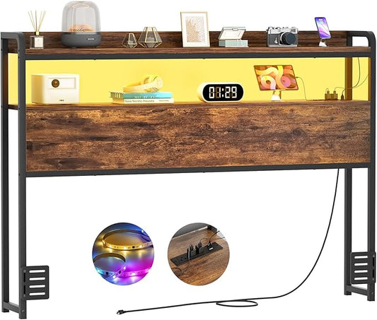Aheaplus Headboard for Full Size Bed Frame, Headboards with Outlets, USB Ports and LED Light, Head Board with Storage, Height Adjustable, Sturdy and Stable Headboard, Full Size, Rustic Brown