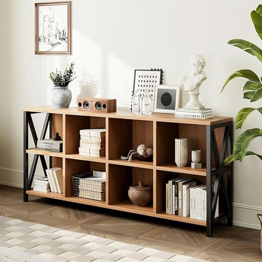 63" 8 Cube Horizontal Bookshelf Long Bookshelf Wood Cube Storage Organizer Rustic Wood Cubby Bookcase for Living Room Walnut
