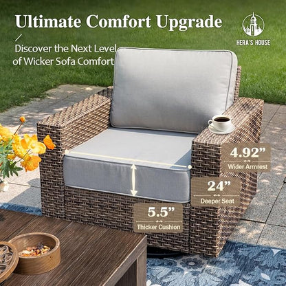 HERA'S HOUSE Swivel Glider Patio Furniture Set with 4.92" Wide Armrest 5.5" Thick Cushions, 5 Pieces Outdoor Wicker Conversation Sets for Lawn Backyard Deck, Grey