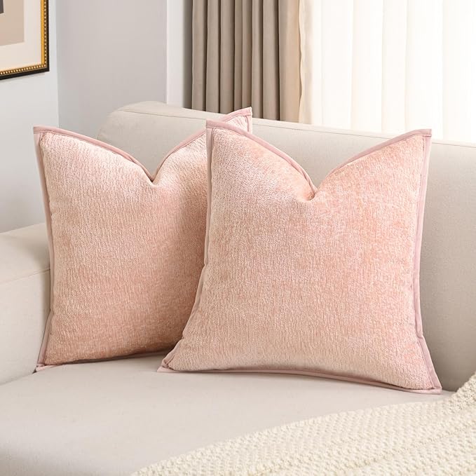 FUTEI Pink Chenille Throw Pillow Covers 20x20 Inch Set of 2,Soft Cozy Bound Edge Design Cushion Case,Home Decor for Couch Bed Living Room
