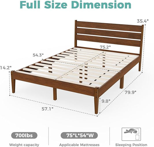 Full Bed Frame, Mid Century Platform Bed Frame with Ladder Headboard, Malaysian Oak Bedframe with Solid Wood Foundation, Noise-Free, Easy Installation, Full Size, Antique Espresso