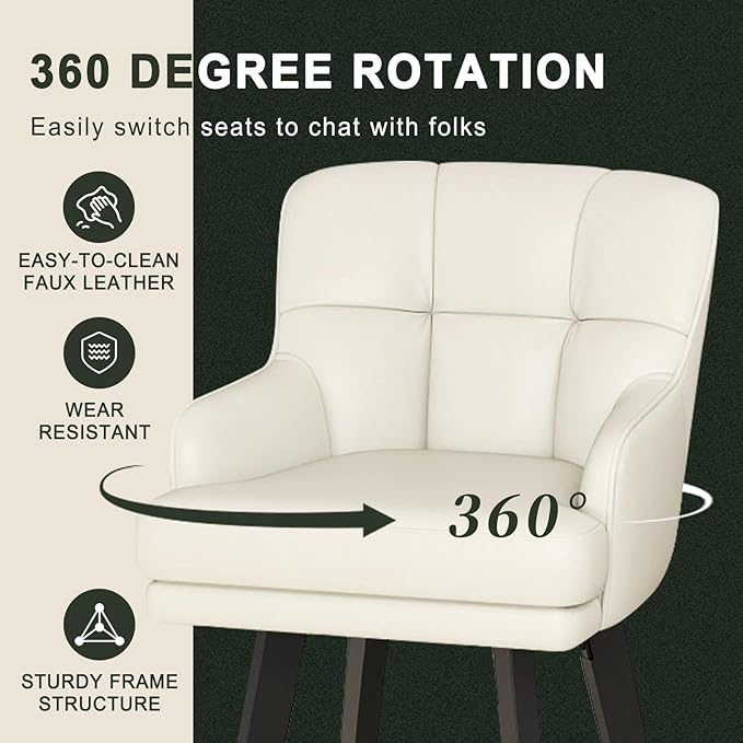 360°Swivel Counter Height Bar Stools with Back, 26 inch Solid Wood Legs, Bar Stool Modern Kitchen Island Chairs, Faux Leather (Beige- Faux Leather, 26" H- Set of 1)