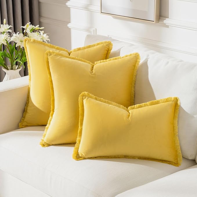 FUTEI Lemon Yellow Velvet Decorative Throw Pillow Covers 24x24 Set of 2,Soft Cozy Edge with Tassels European Cushion Case,Boho Modern Home Decor for Couch Bed Living Room