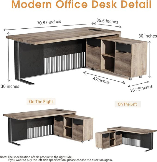 70.87 Inch L Shaped Executive Office Desk with 2 Drawers, Modern Home Office Desk with File Cabinet, Business Furniture w/Stand Under Desk Storage Organizer with 4 Wheels