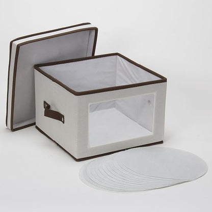 Household Essentials 536 Dinnerware Storage Box with Lid and Handles | Storage Bin for Dinner Plates | Natural Canvas with Brown Trim