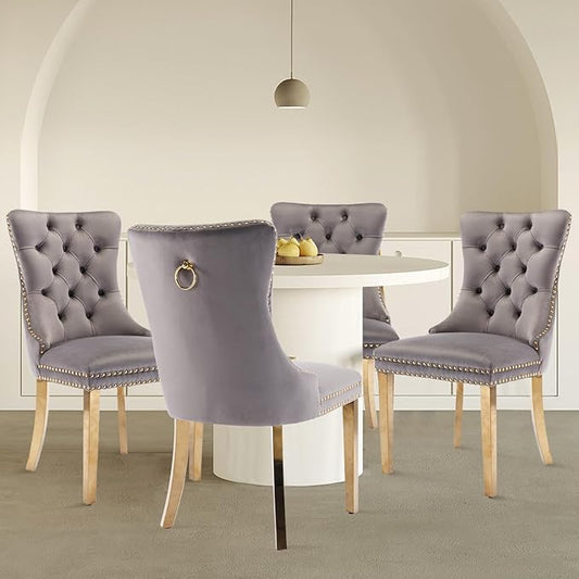 Velvet Upholstered Dining Chairs Set of 4, Modern Style Kitchen Side Chairs with Nailhead Trim and Gold Plated Leg, Metal Pulling Ring for Dining Room Living Room(Gery-Gold Plated Leg)