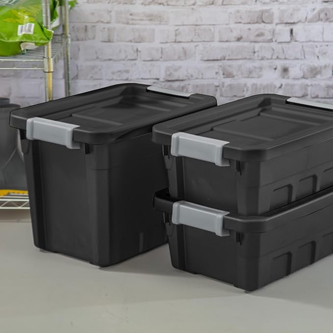 Sterilite 6-Pack 7.5 Gallon Stacker Tote, Rugged Plastic Storage for Home Organization, Black - Stackable Organizer Bins with Recessed Lid & Heavy-Duty Latches for Closet, Basement, Garage and Attic