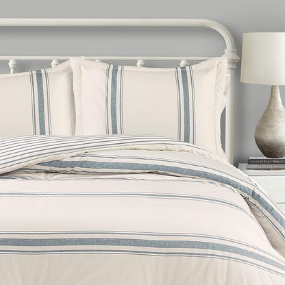 Lush Decor Farmhouse Stripe Reversible Cotton Comforter Set, 3 Piece Set, Full/ Queen, Blue - Cozy F𝐚rmhouse Bedding Set - Rustic Decor - Striped Comforter - Modern Farmho𝐮se Bedroom Decor