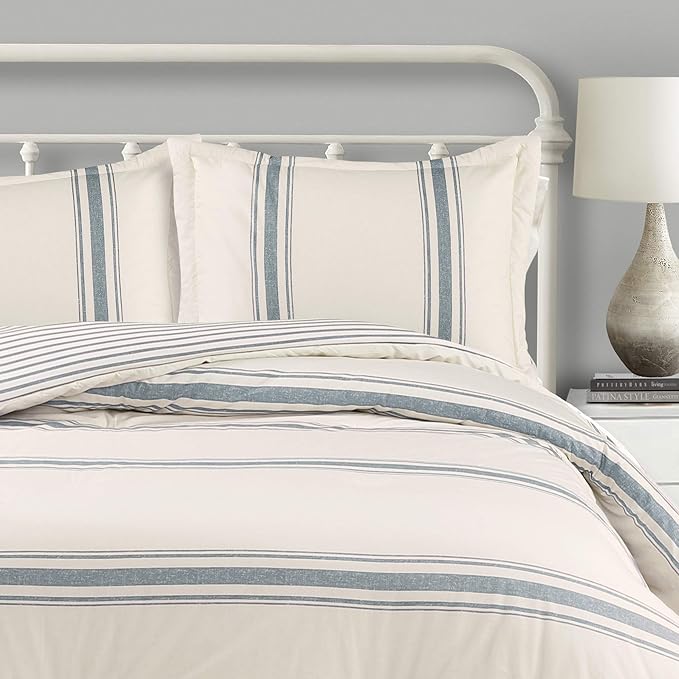 Lush Decor Farmhouse King Size Comforter Set, Reversible Cotton, 3 Piece Set, California King, Blue - Cozy Bedding - Rustic Decor - Modern Farmhouse Bedroom Decor