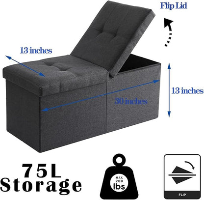 CUYOCA Storage Ottoman Bench Foldable Seat Footrest Shoe Bench End of Bed Storage with Flipping Lid, 75L Storage Space, 30 inches Linen Fabric Sandy Beige