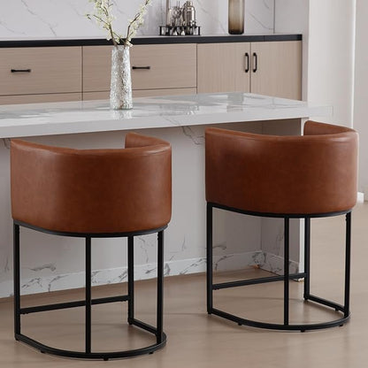 PU Leather Bar Stools, Modern Upholstered Counter Height Bar stools 24" Leather Barstools Barrel Kitchen Counter Island Stools with Black Metal Base, Brown