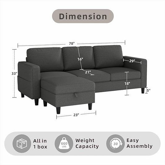 Sectional Sofa and Couches for Living Room, 78'' Dark Grey 3 Seat L-Shaped Couch with Movable Ottoman, Comfy Linen Convertible Sectionals Sofas with Chaise for Apartment, Office, Small Space