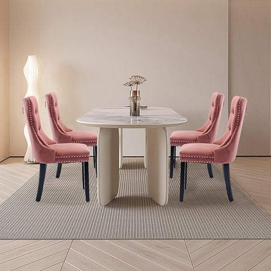 Velvet Upholstered Dining Chairs Set of 4, Modern Style Kitchen Side Chairs with Nailhead Trim and Wood Legs,Metal Pulling Ring for Dining Room Living Room(Pink,Set of 4)