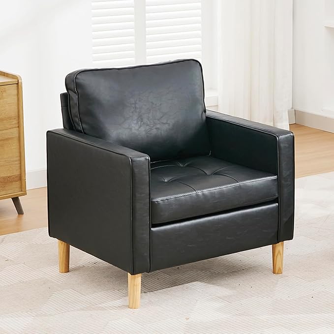 STHOUYN Faux Leather Comfy Black Accent Arm Chair Single Sofa Living Room, Bedroom Chair Reading Chairs for Adults, Suitable for Small Spaces Office Couch, Easy Assembly