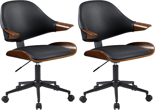 Art Leon Swivel Desk Chairs, Set of 2, Mid Century Modern Office Chairs with Wheels, Faux Leather Upholstered Armchairs, Adjustable Height Task Chairs with Metal Base, Walnut Bentwood, Black
