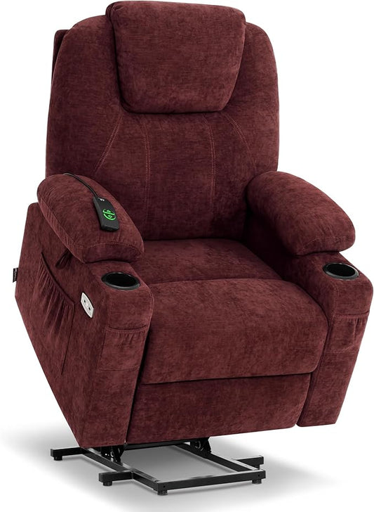 MCombo Power Lift Recliner Chair for Elderly, Lift Chair with Heat and Massage for Tall People, USB&Type C Ports, Extended Footrest, Cup Holders, Fabric 7516(Large,Sangria)