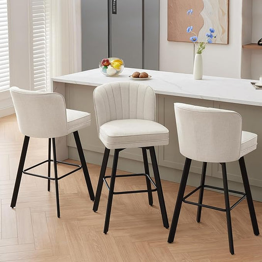 Swivel Counter Height Bar Stools Set of 3, 30'' Modern Barstools with Backs and Metal Legs, Upholstered Bar Chairs, Beige, Fabric Stools for Kitchen Island Chairs