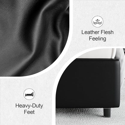 Full Size Bed Frame with LED Lights, Faux Leather Upholstered Platform with Silver Wingback Headboard, Modern Style, No Box Spring Needed, Easy Assembly, Black