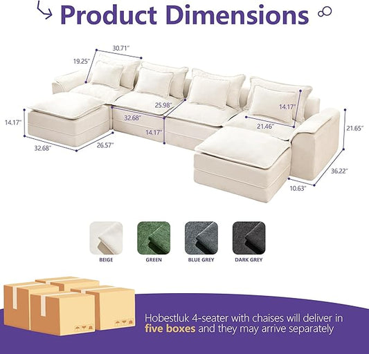 Hobestluk 152" Cloud Modular Sectional Couch 4-Seater Sofa with Ottomans U Shaped Couch Deep Seat Sofa with Removable Cover for Living Room (Beige, 4-Seater Sofa with Two Ottomans)