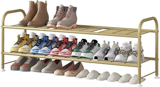 LINZINAR Shoe Rack Long 2 Tier Shoe Storage Organizer Metal Wide Shoe Shelf for Closet Entryway Bedroom 18 Paris Large Capacity, Gold