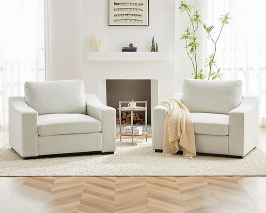 ABCASA Accent Chairs Set of 2,Living Room Furniture Set,Oversized Single Sofa with Extra Wide Armrest,Detachable Cover,Comfy Upholstered Reading Chairs for Office,Apartment,Dorm,Linen,Ivory