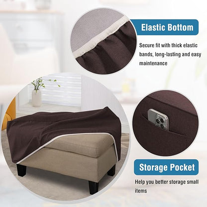 H.VERSAILTEX Soft Sturdy Linen Look Ottoman Cover Rectangle Fit Length 43"-44" Footrest Ottoman Slipcovers for Foot Stool & Folding Storage Furniture with Storage Side Pocket - Heather Chocolate