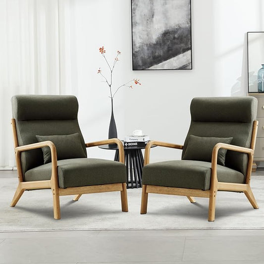 Accent Chair Mid Century Modern Chair Linen Fabric Living Room Chairs with Solid Wood Frame Comfy Upholstered and Lumbar Pillow Reading Side Chair Easy Assembly for Bedroom (2, Green)
