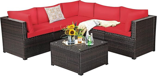 Tangkula 6 Pieces Patio Furniture Set, Outdoor Rattan Sofa Set, Wicker Conversation Set w/Tempered Glass Coffee Table & Cushions, Sectional Sofa Set for Backyard, Garden, Balcony, Poolside (Red)