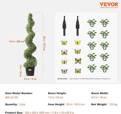 VEVOR Artificial Boxwood Topiary Tree, 60 inch Tall (2 Pieces), Spiral Faux Topiary Trees, Faux Plant w/Extra Leaves & Pot & Small Decoration, UV Rated Greenery Set for Home Decor Indoor/Outdoor