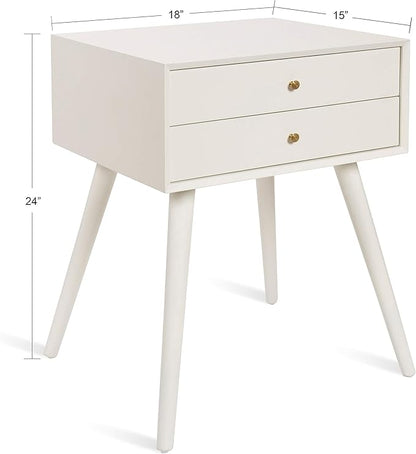 Kate and Laurel Finco Midcentury Modern Style Side Table with 2 Drawers, White Finish with Brass Hardware