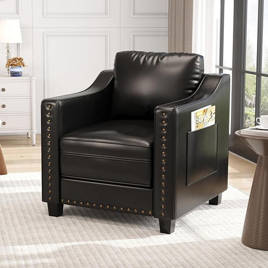 Mid Century Modern Accent Chair, 30 Inches PU Leather Armchairs, Barrel Chair Living Room Chairs Club Chair with Cushion Reading Chair for Bedroom, Apartment, Reading Room, Black