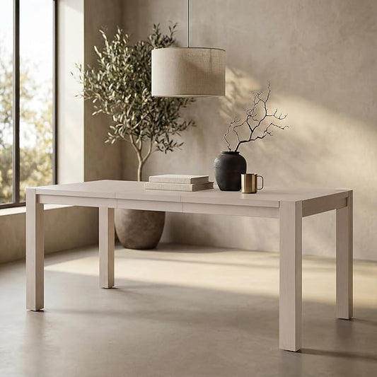 60"-80" Extendable Dining Table, Modern Rectangular Wood Kitchen Table, Farmhouse Expandable Dinner Table, Traditional Large Extension Meeting Desk for Dining Room, Living Room, Off-White