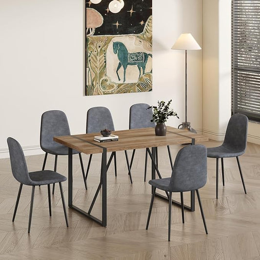 6 Chair Dining Table Set，Dinner Table Set for 6, 55'' Kitchen Table and Suede Nap Fabic Chairs Set of 6, 7 Piece Dining Table Set for Kitchen Dining Room